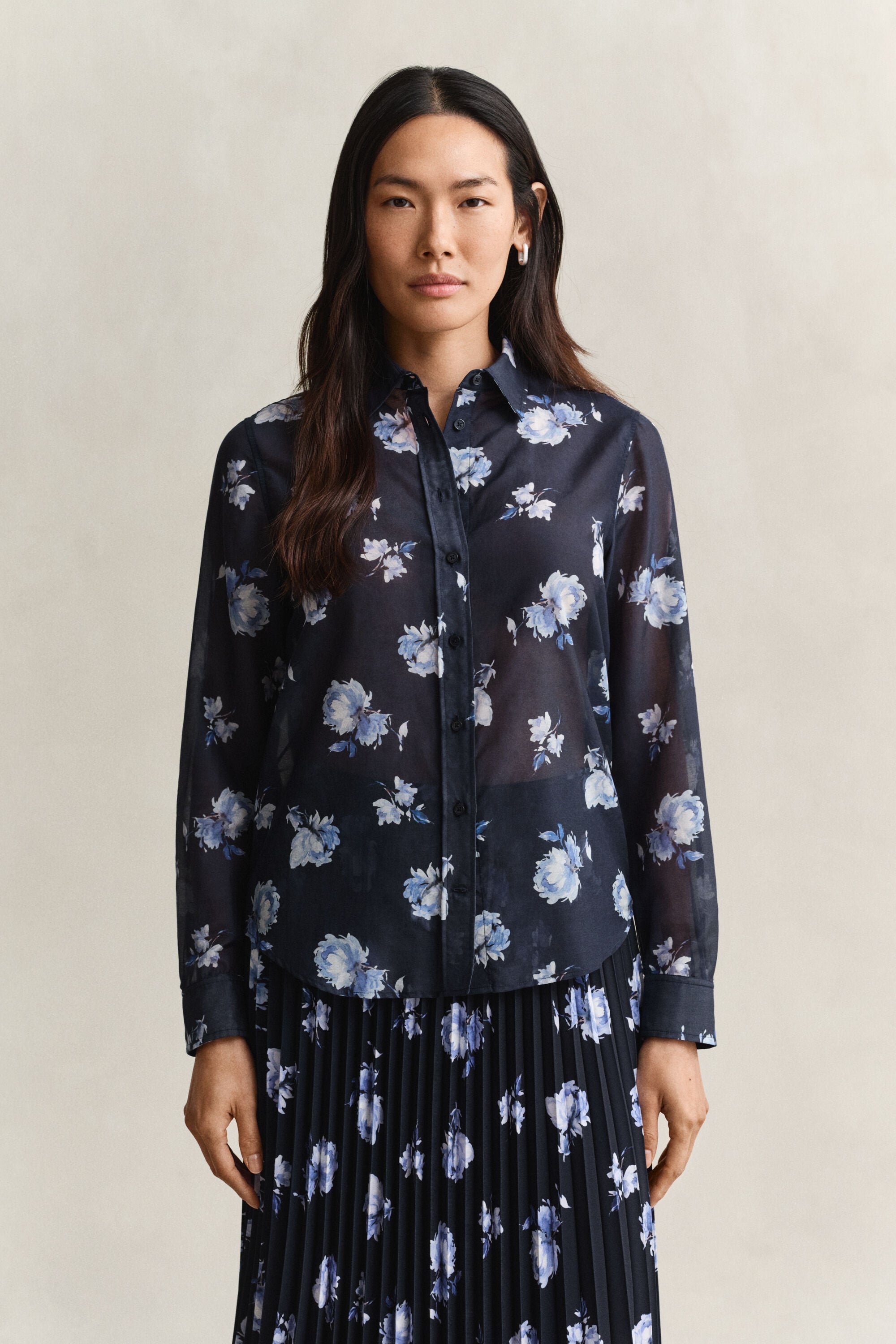 Camisa em algodão e seda com estampado Floral