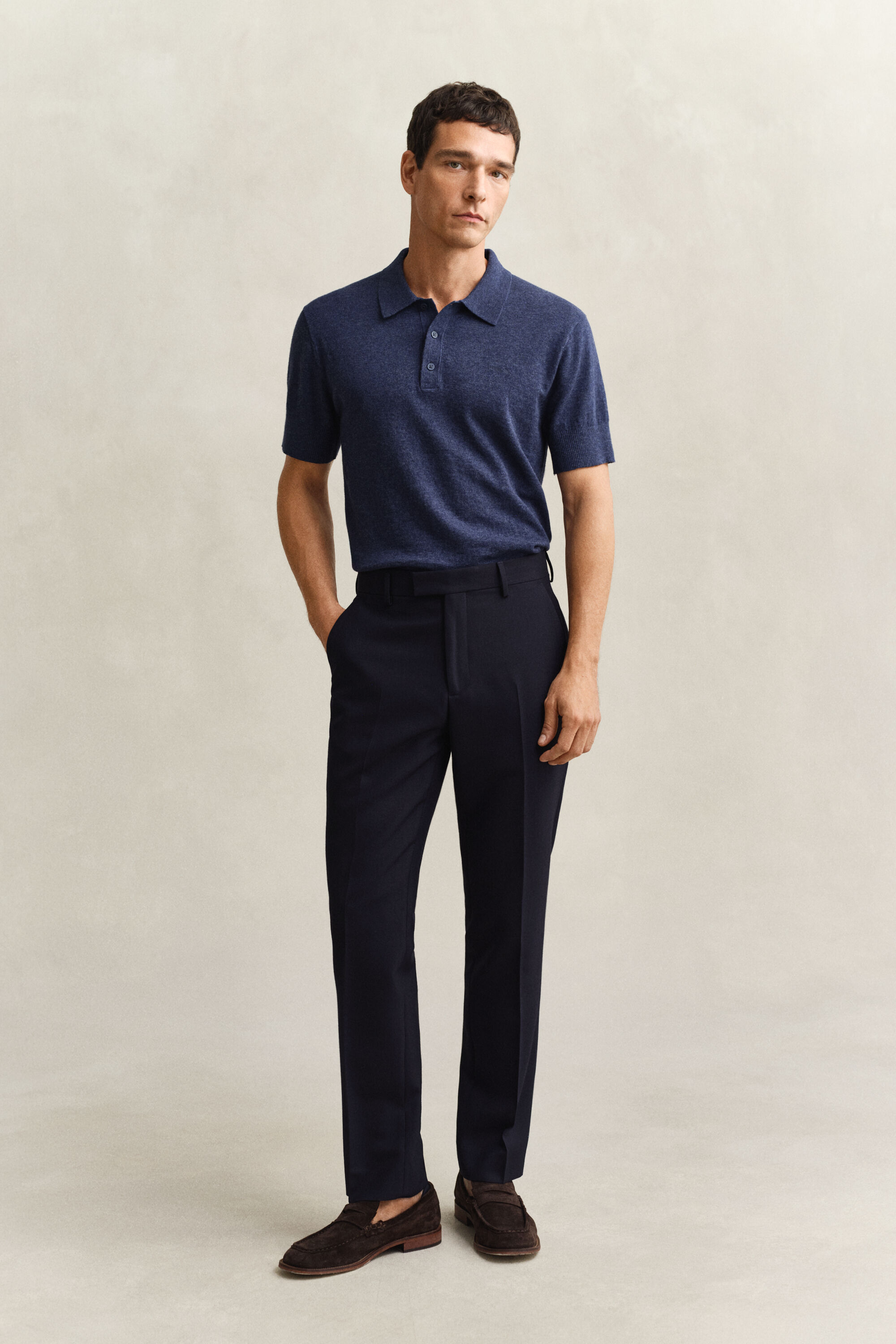 Camisola de malha estilo polo com manga curta em algodão com mistura de fios