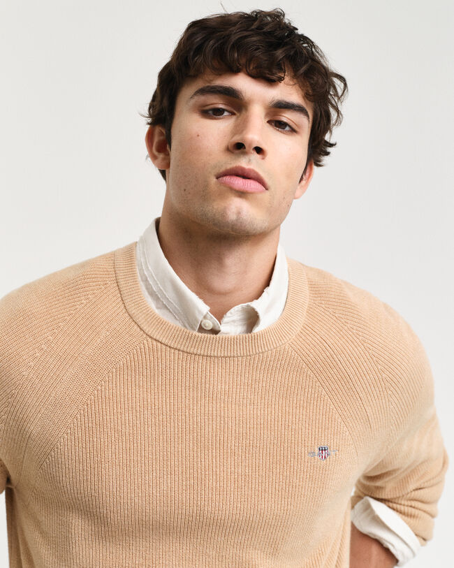 Camisola de malha canelada com decote redondo em l&atilde; e algod&atilde;o