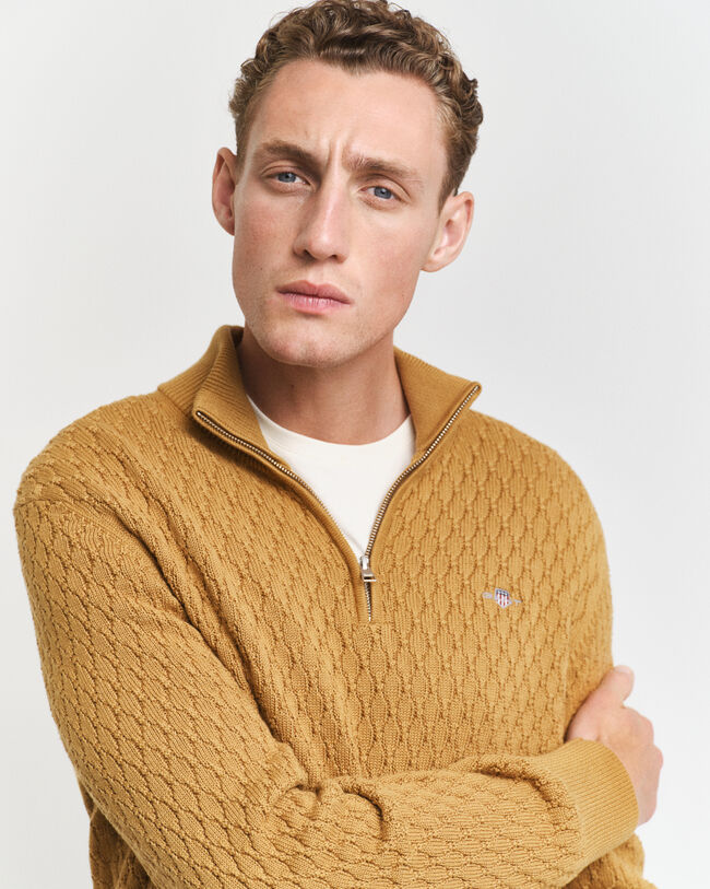 Camisola de malha com meio fecho em algodão texturizado