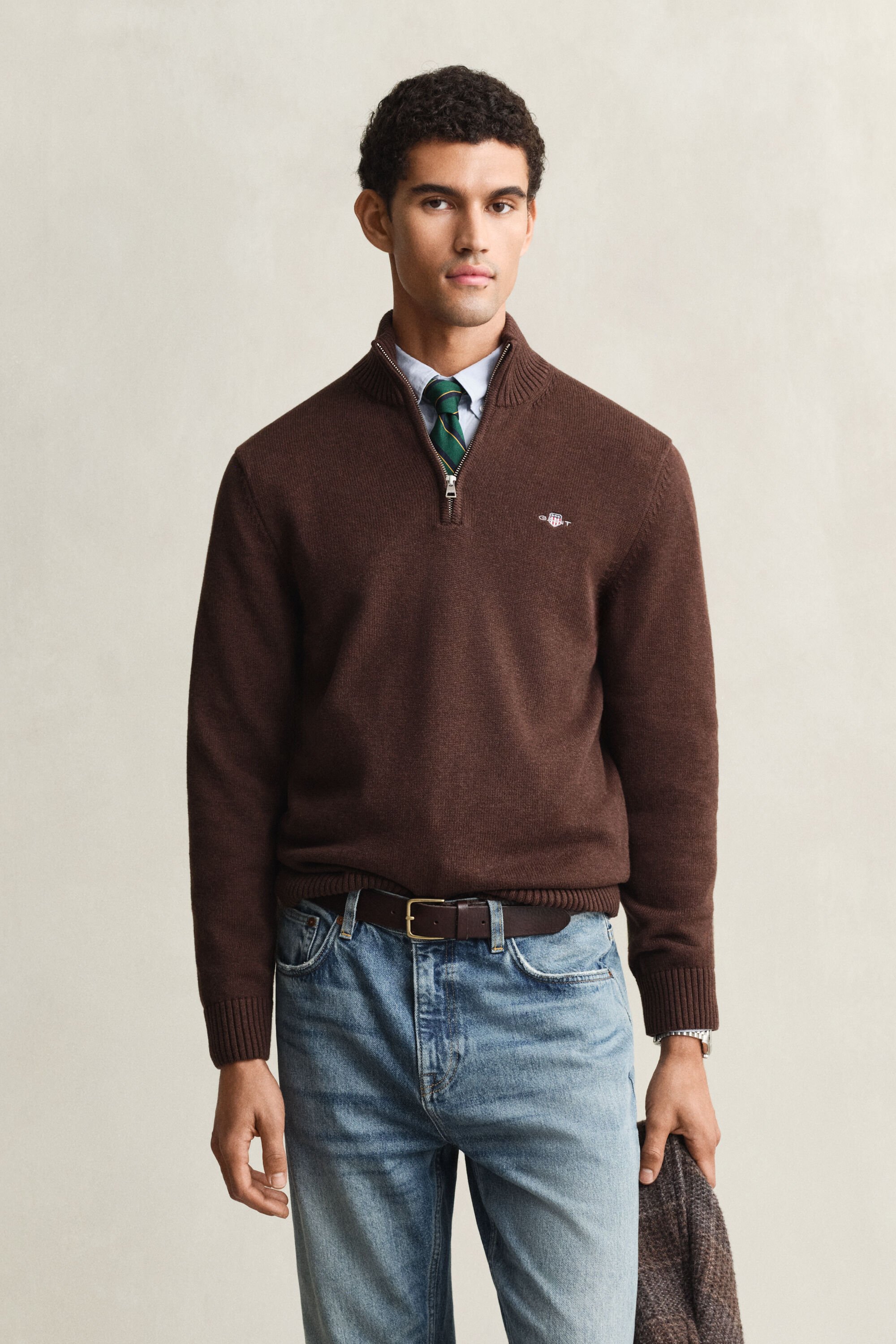 Camisola de malha em algodão com meio fecho Casual