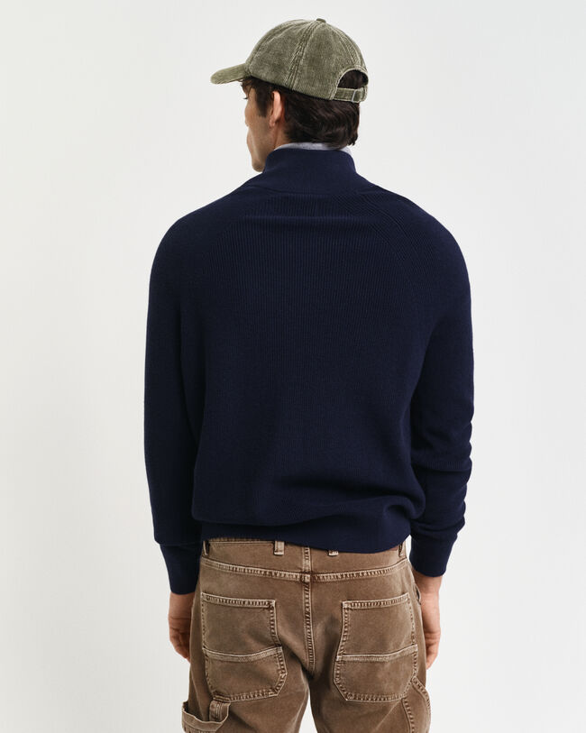 Camisola de malha canelada em l&atilde; e algod&atilde;o com meio fecho de correr