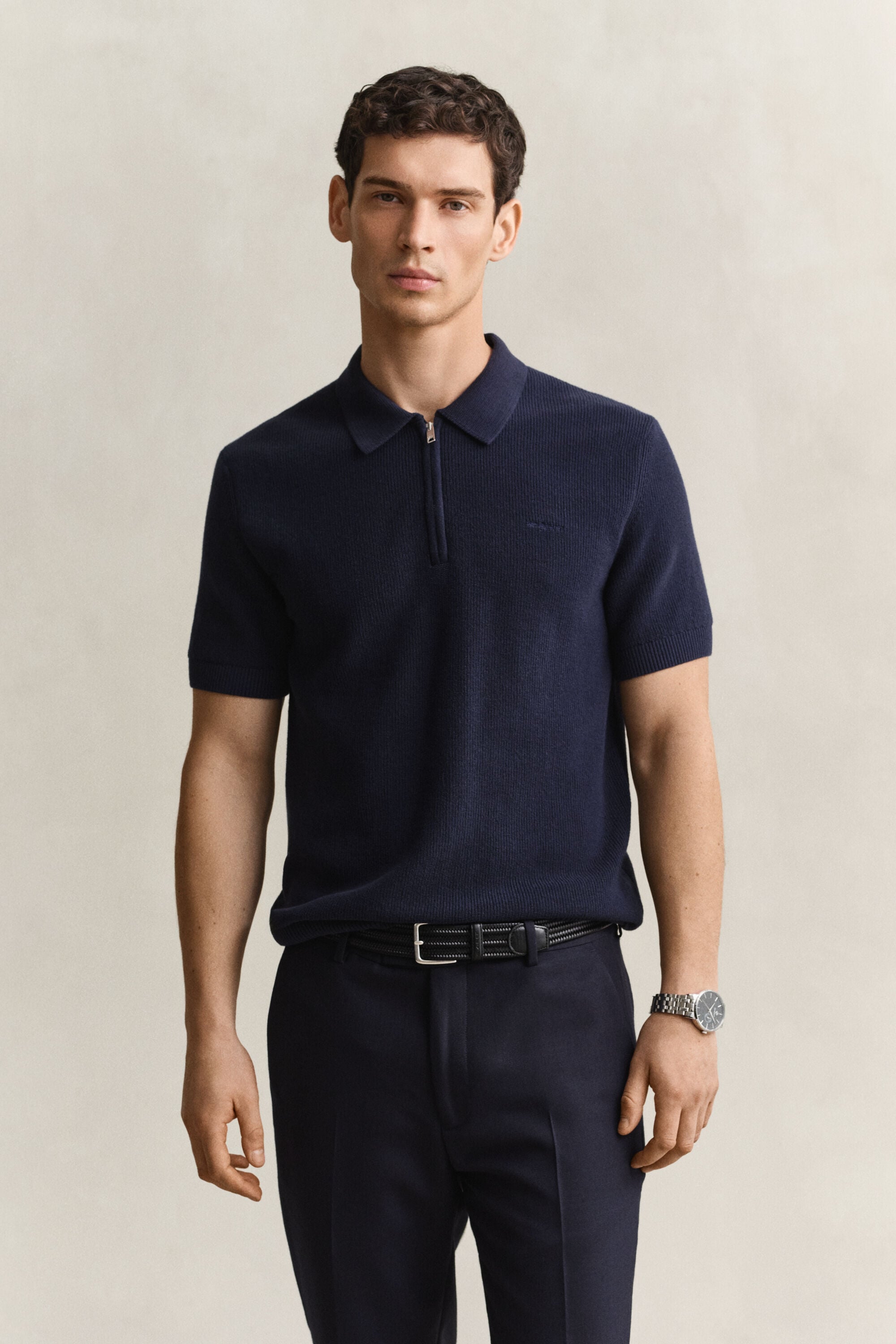 Camisola de malha tipo polo em algodão canelado