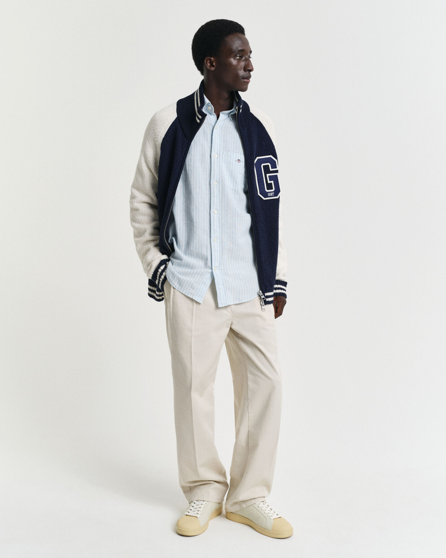 Camisa em linho e algodão às riscas regular fit