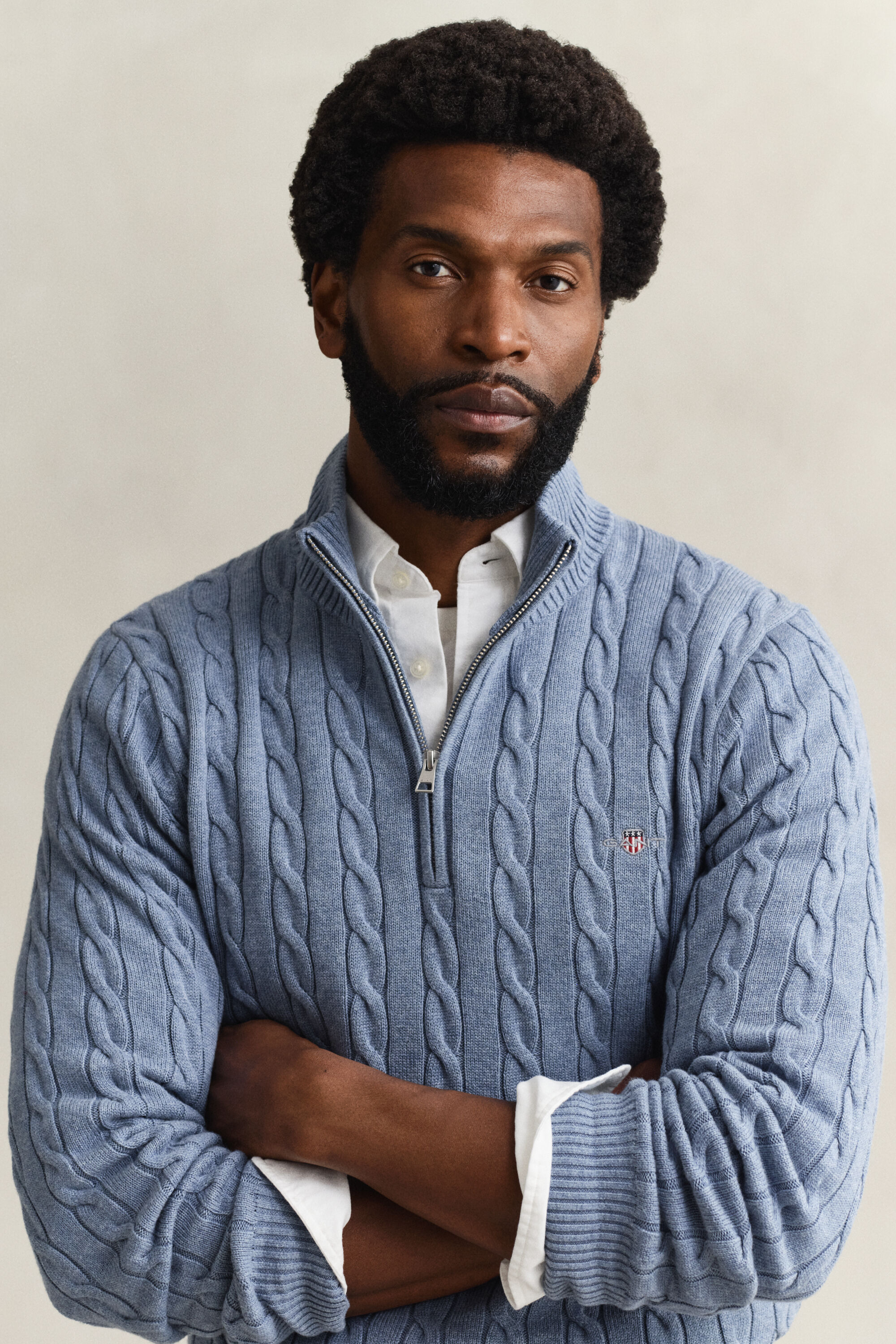 Camisola de malha entrançada de algodão com meio fecho de correr