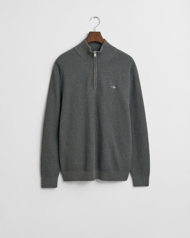 Camisola de malha com meio fecho em algodão texturizado