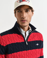 Camisola de malha entran&ccedil;ada de algod&atilde;o &agrave;s riscas com meio fecho de correr