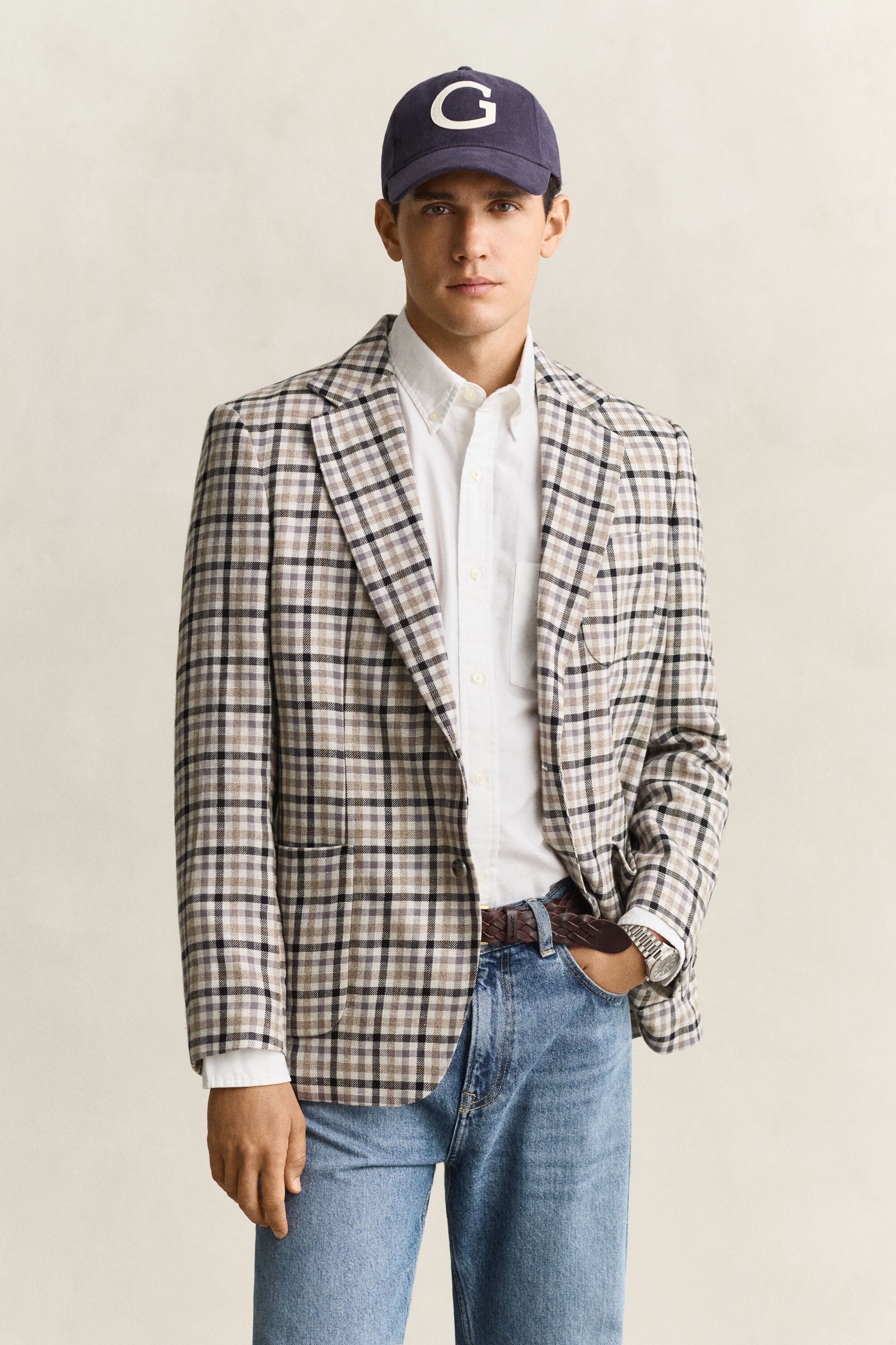 Blazer com padrão de xadrez em lã e linho