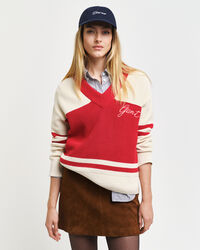 Pulover com decote em V de algodão GANT Varsity
