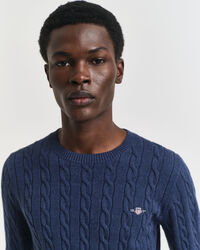 Camisola em malha entrançada de algodão com decote redondo