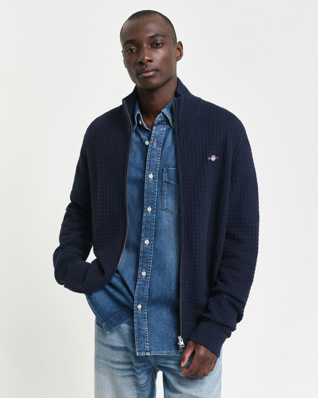 Casaco de malha com fecho de correr em algod&atilde;o texturizado