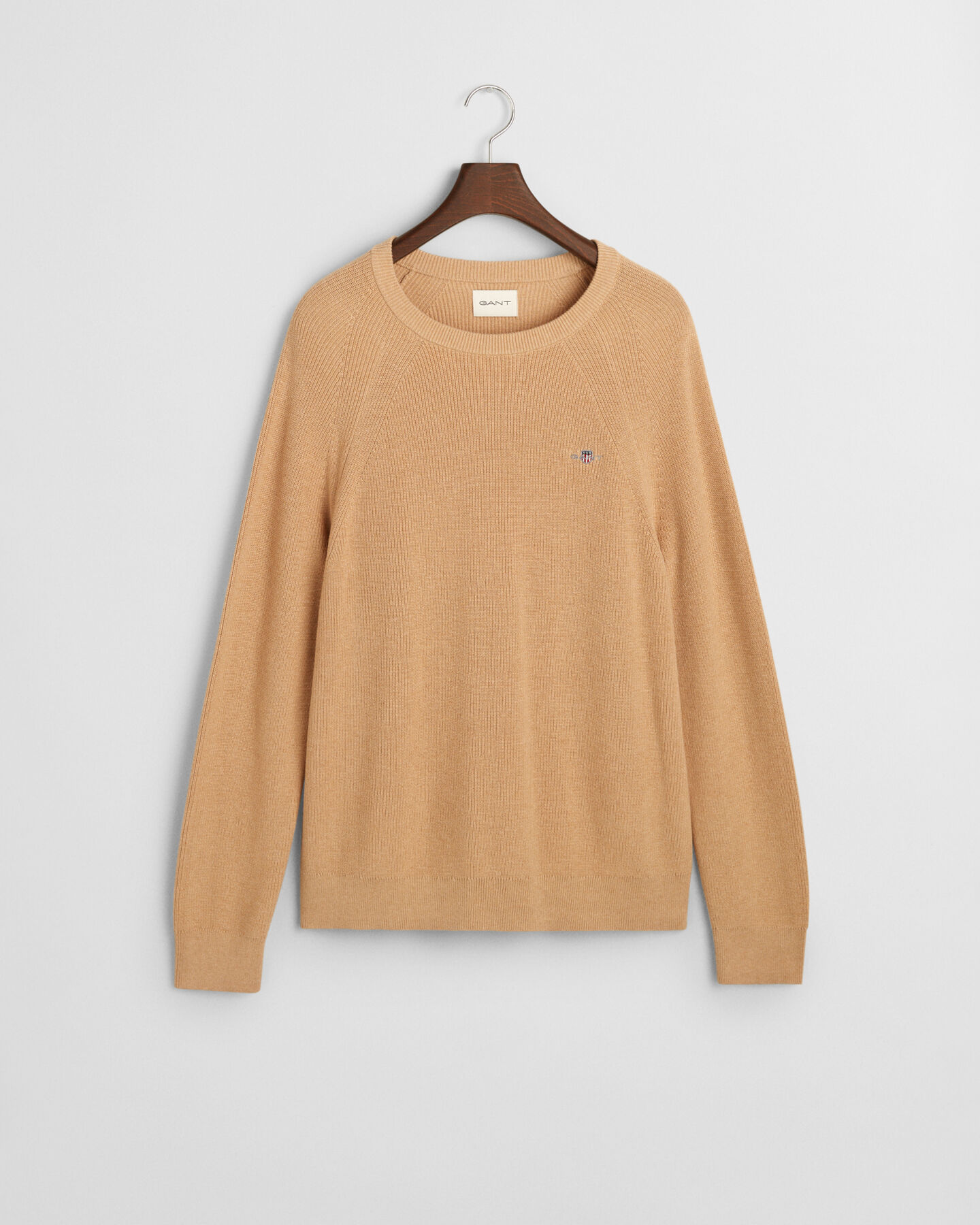 Camisola de malha canelada com decote redondo em l&atilde; e algod&atilde;o