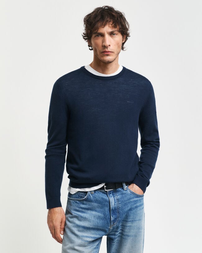 Camisola de malha com decote redondo em lã de merino extrafina