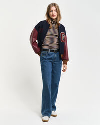 Camisola de manga comprida com gola alta em malha canelada às riscas