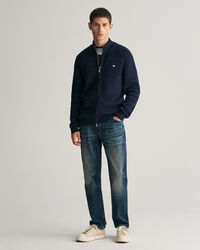 Casaco de malha com fecho de correr em algodão texturizado às riscas