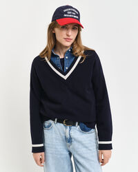 Pullover com decote em V em lã extrafina Contrast