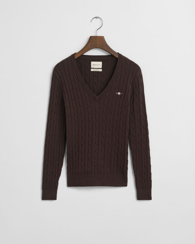 Camisola de malha entrançada com decote em V em algodão com elastano