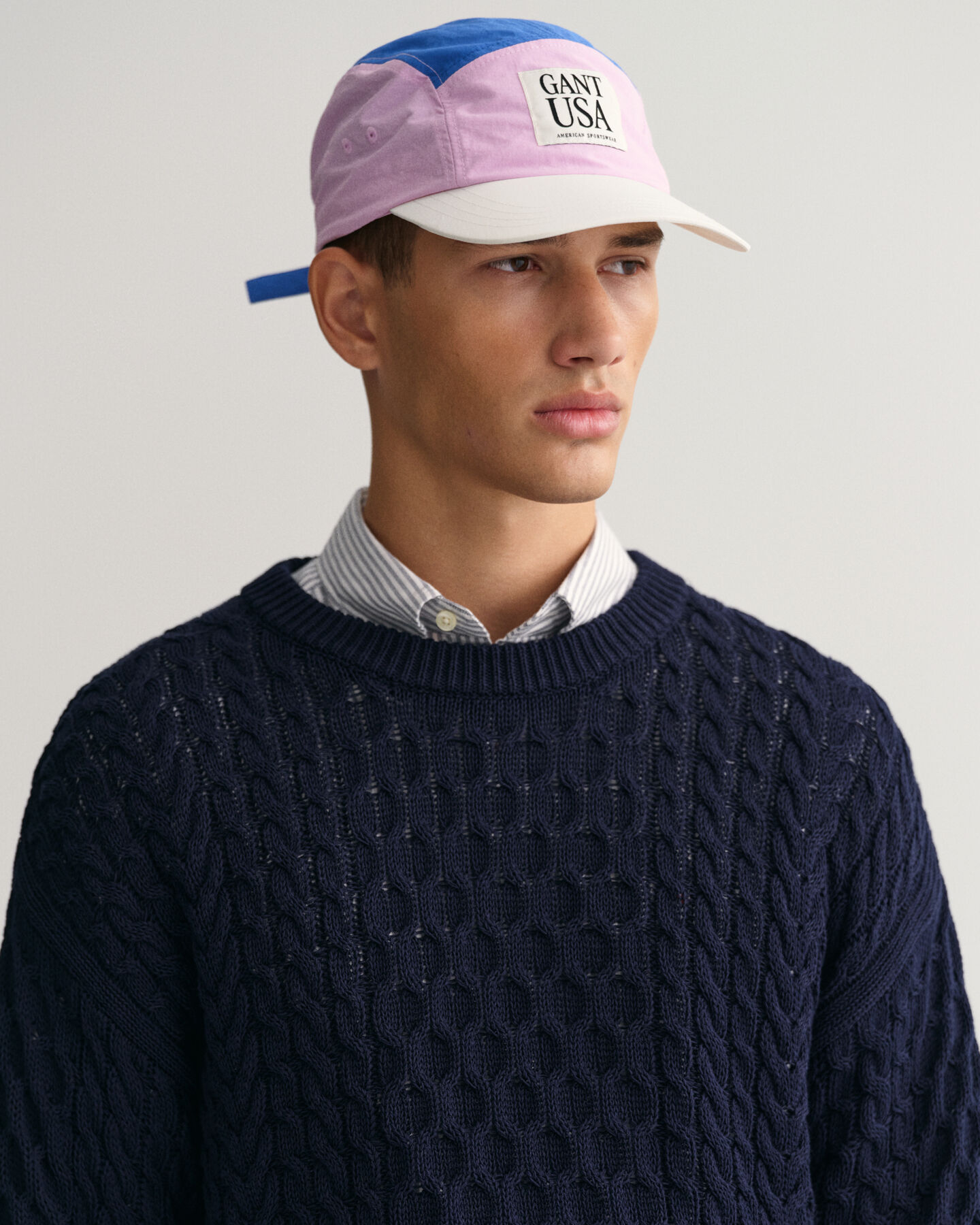 Pulover com decote redondo em malha entran&ccedil;ada de algod&atilde;o