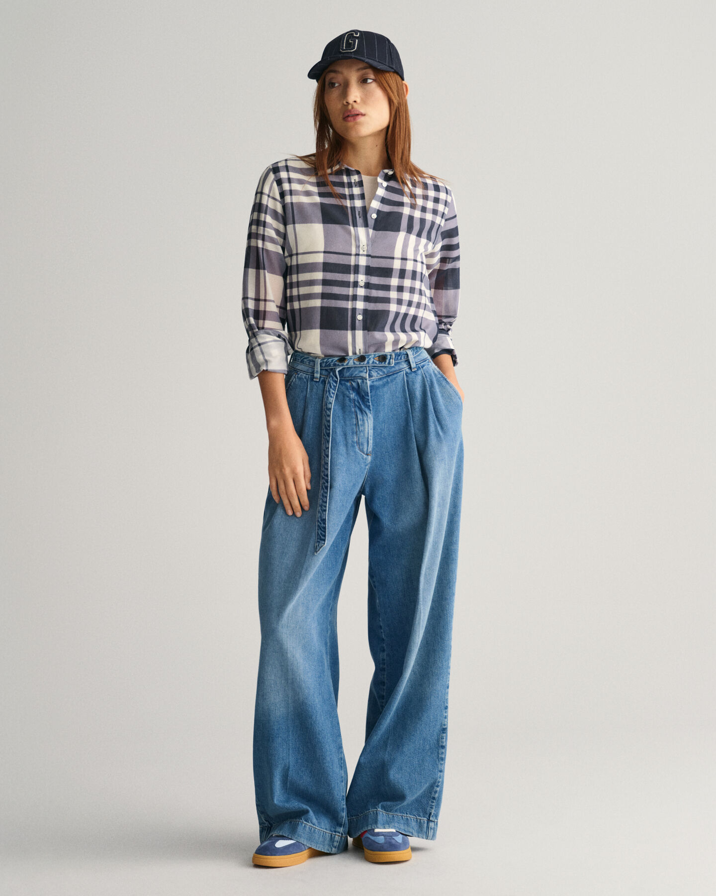 Camisa em seda e algodão com padrão de xadrez regular fit