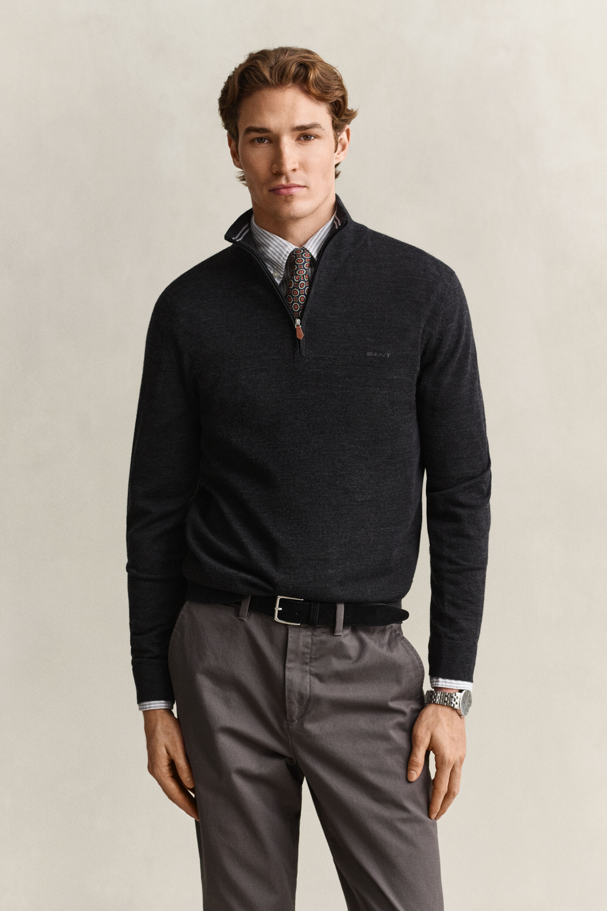 Camisola de malha com meio fecho de correr em lã de merino