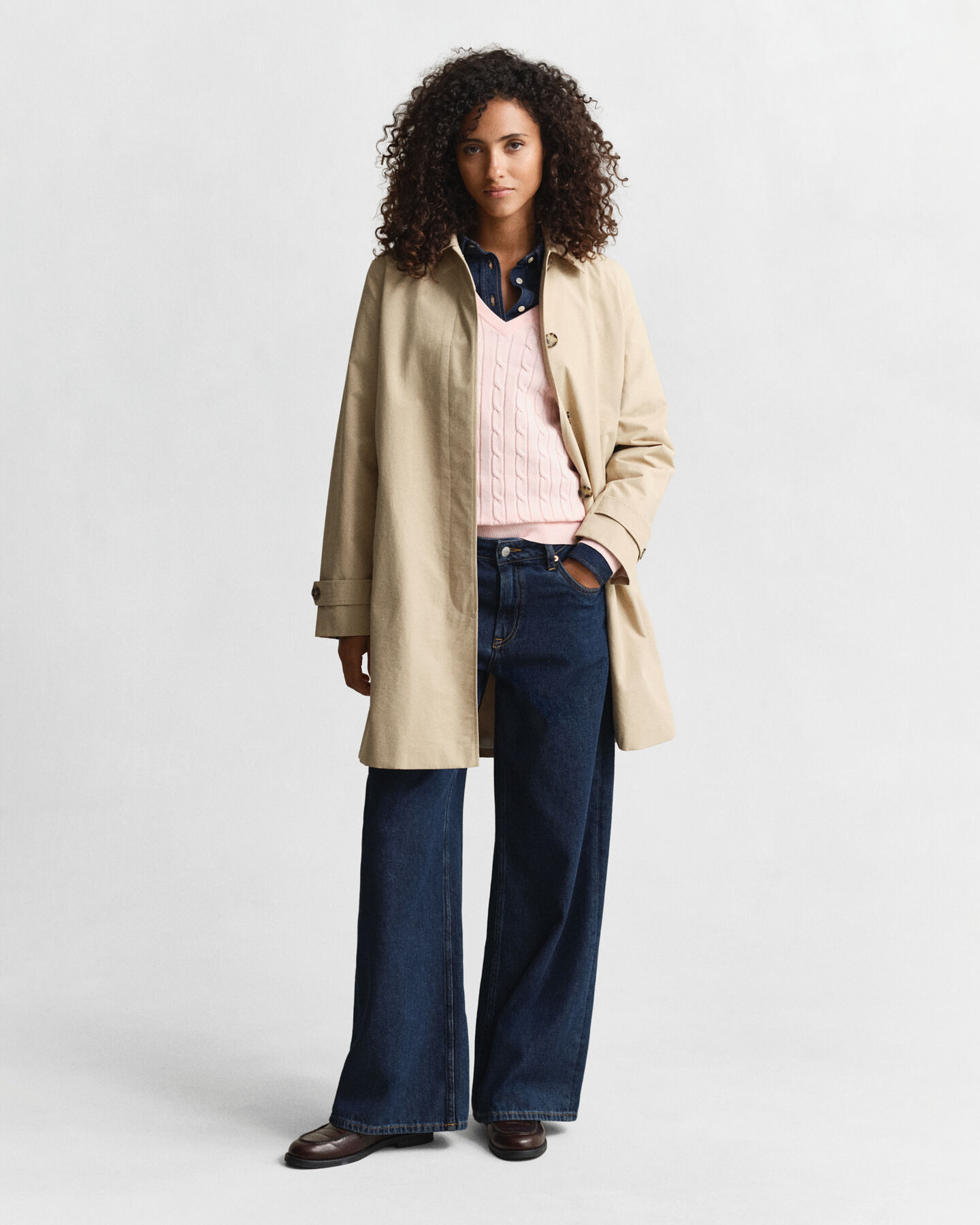 Camisola de malha entrançada com decote em V em algodão com elastano