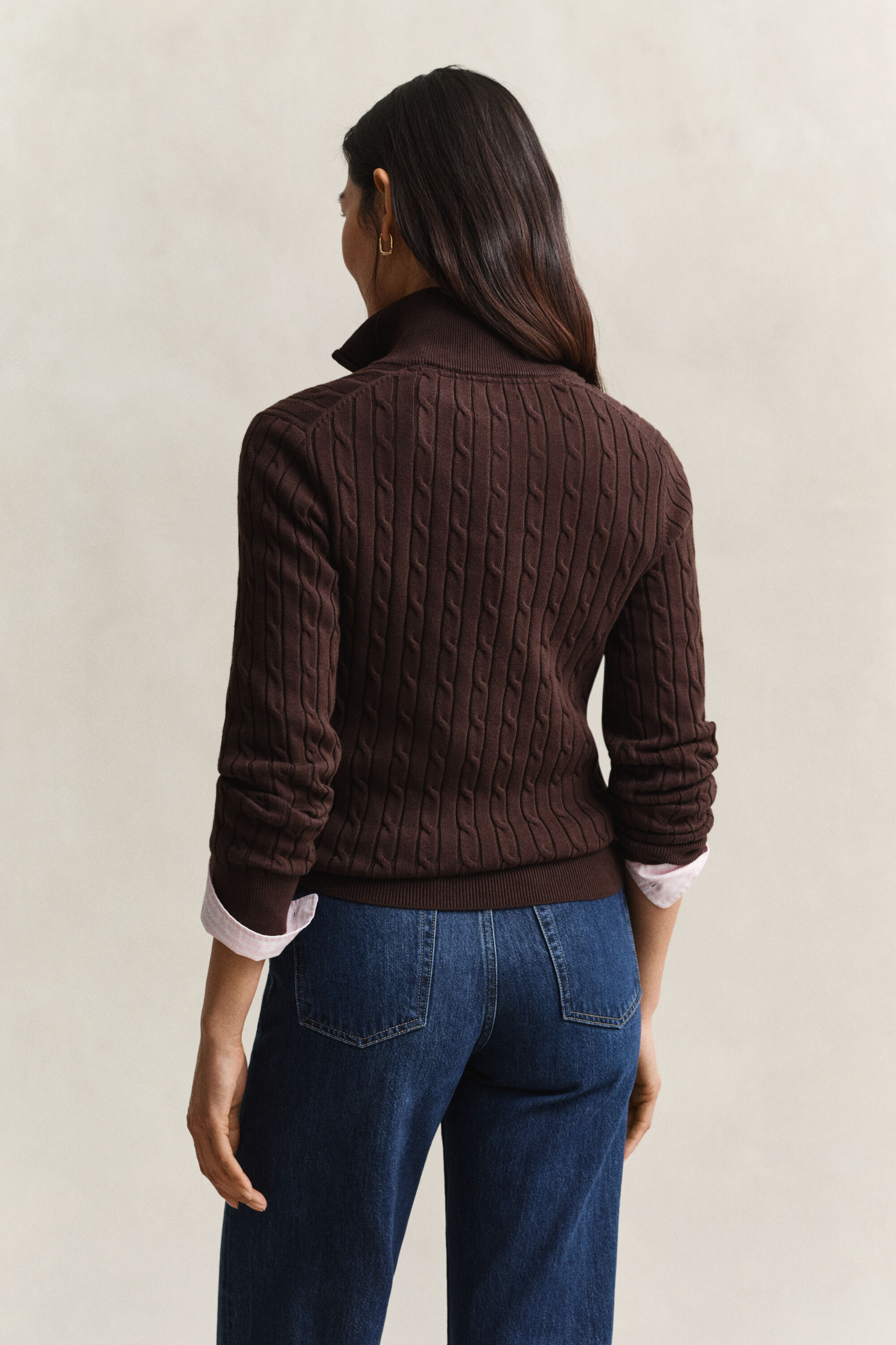 Camisola de malha entrançada em algodão com elastano e meio fecho de correr