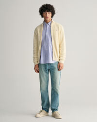 Casaco de malha com fecho de correr em algod&atilde;o texturizado &agrave;s riscas