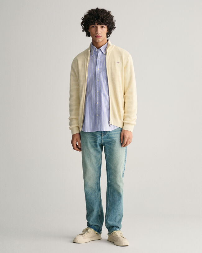 Casaco de malha com fecho de correr em algod&atilde;o texturizado &agrave;s riscas