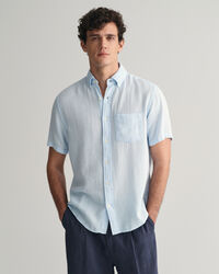 Camisa de manga curta em linho e algod&atilde;o texturizado regular fit