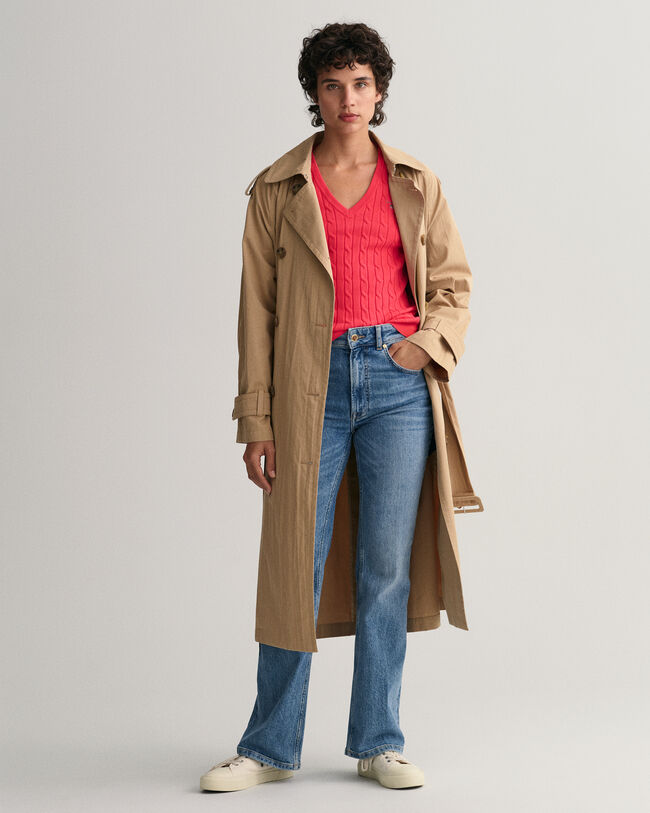 Sweatshirt com decote em V em malha entrançada de algodão com elastano