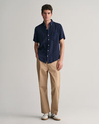 Camisa de manga curta em linho e algodão texturizado regular fit