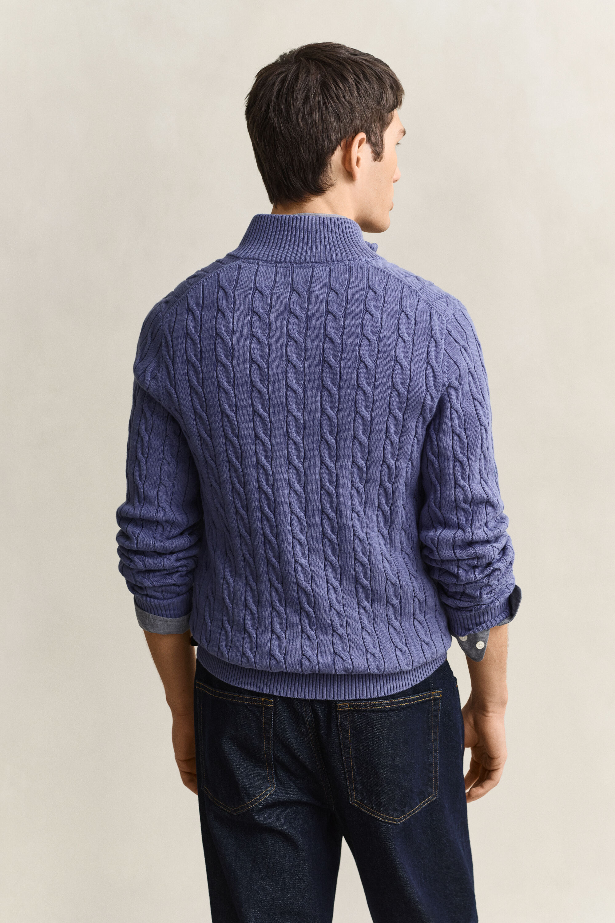 Camisola de malha entrançada de algodão com meio fecho de correr