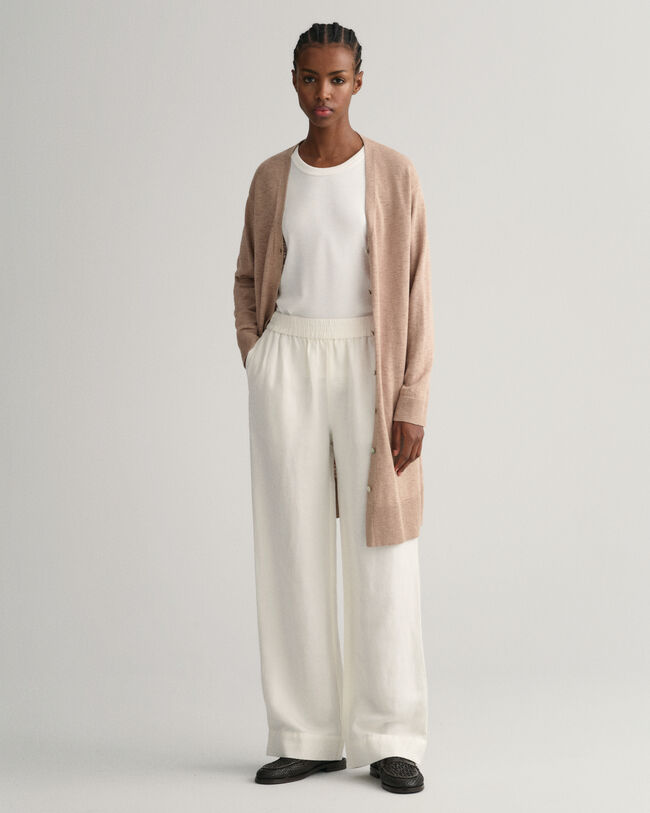 Casaco de malha comprido com decote em V em mistura de linho