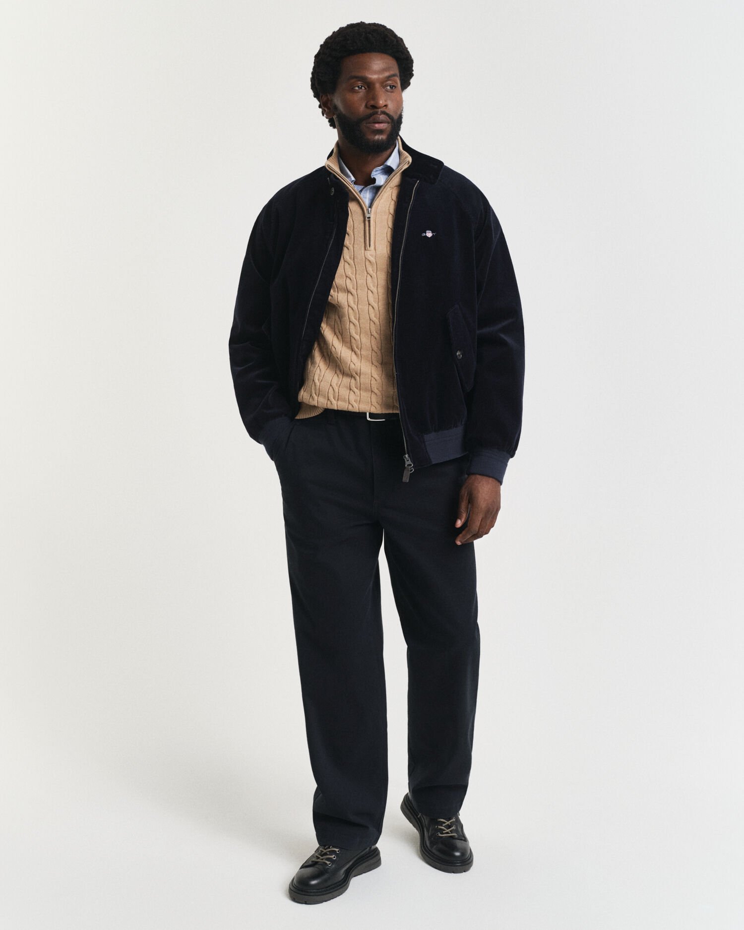 Camisola de malha entrançada de algodão com meio fecho de correr