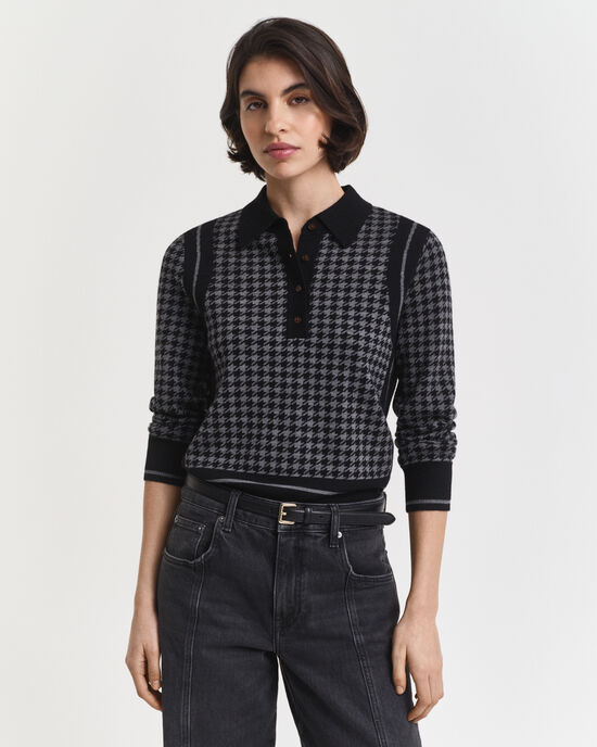 Camisola de malha estilo polo com padrão Jacquard Houndstooth