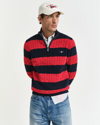 Camisola de malha entran&ccedil;ada de algod&atilde;o &agrave;s riscas com meio fecho de correr