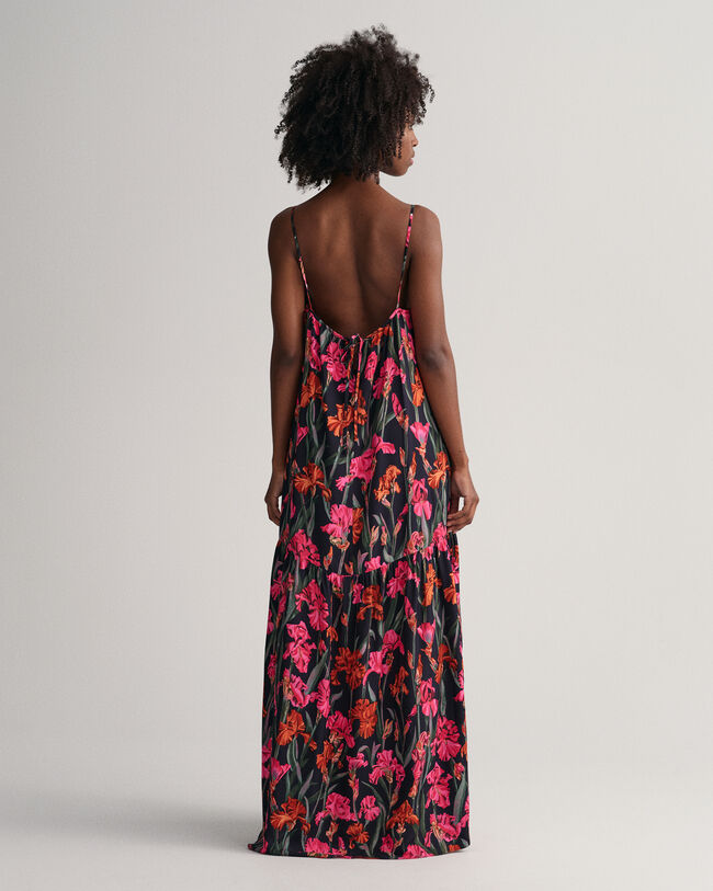 Vestido maxi estampado com alças finas