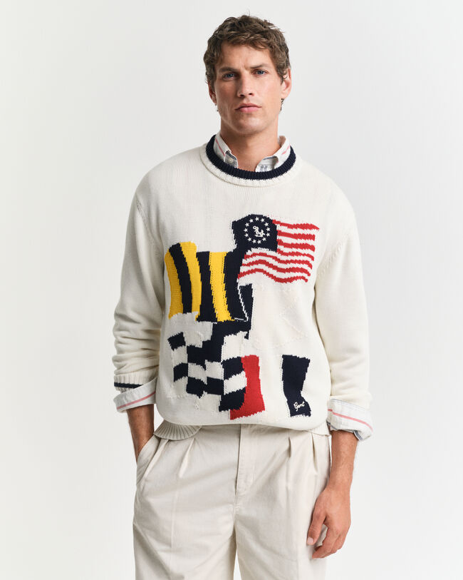 Camisola de malha intarsia com decote redondo em algodão Flag