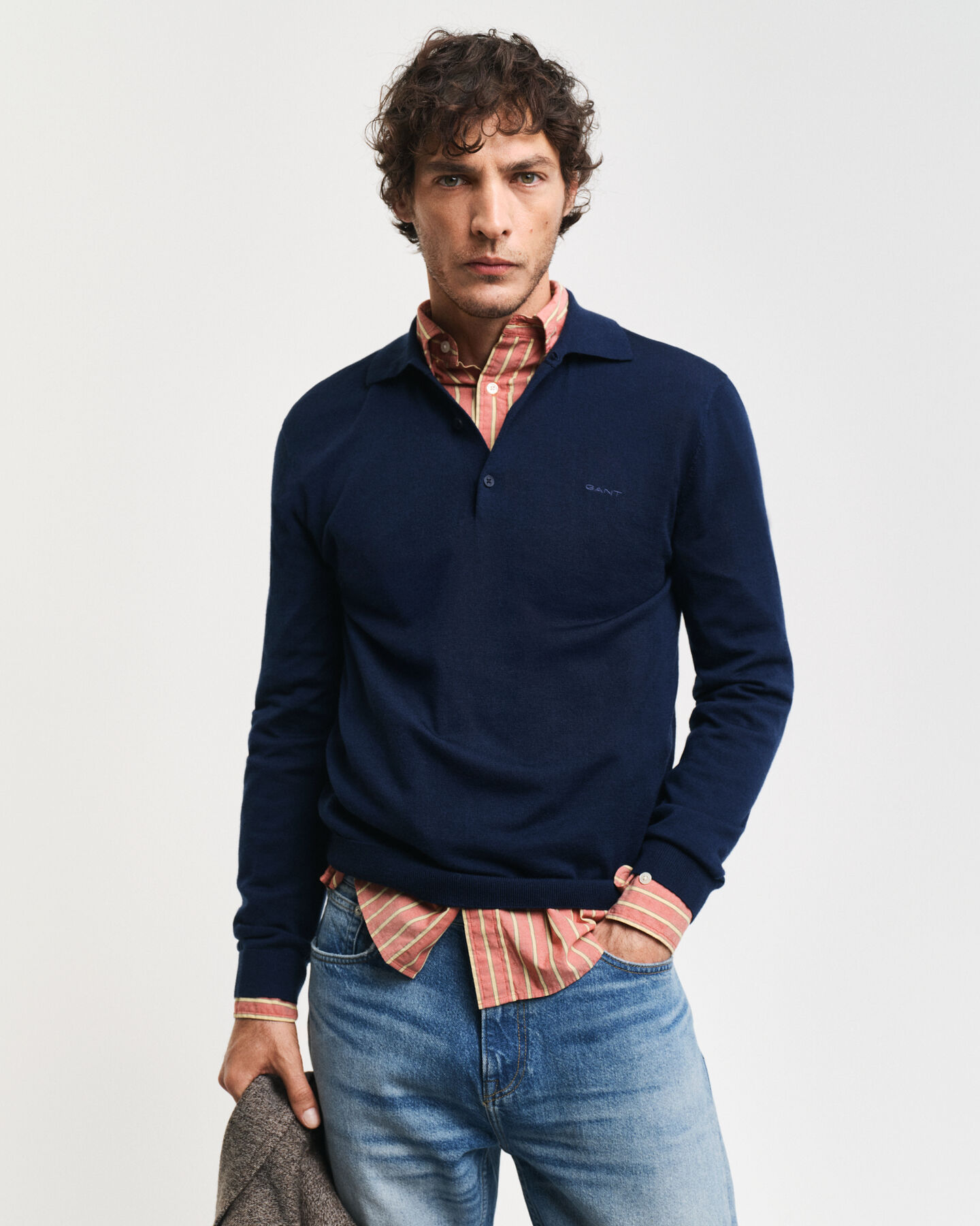 Camisola de malha estilo polo em l&atilde; de merino extrafina
