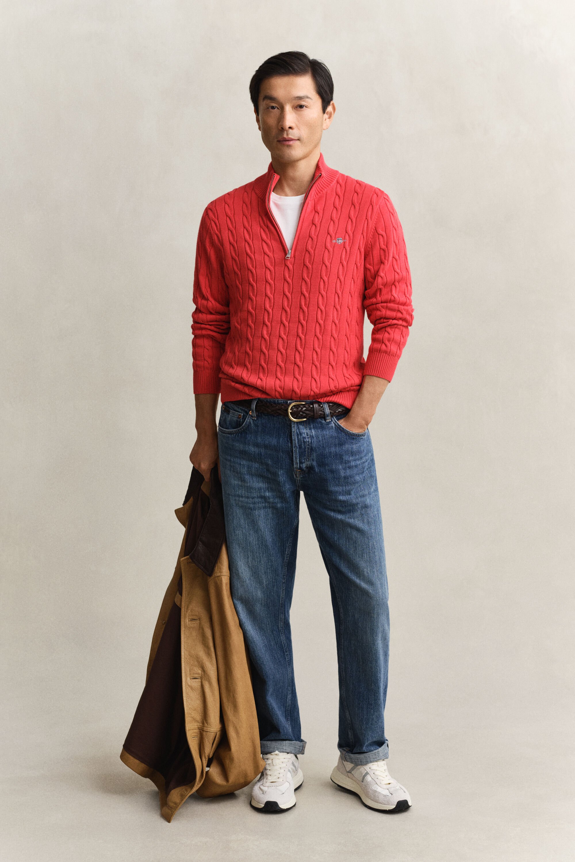 Camisola de malha entrançada de algodão com meio fecho de correr