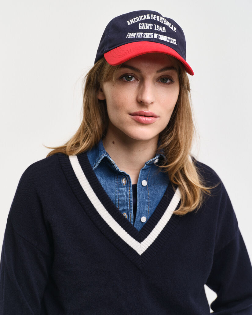 Pullover com decote em V em lã extrafina Contrast