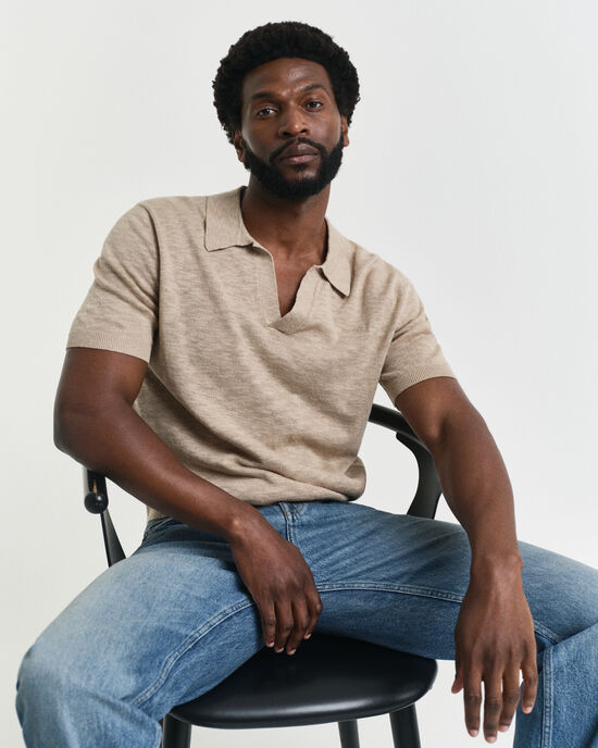 Camisola de malha estilo polo com manga curta em mistura de linho