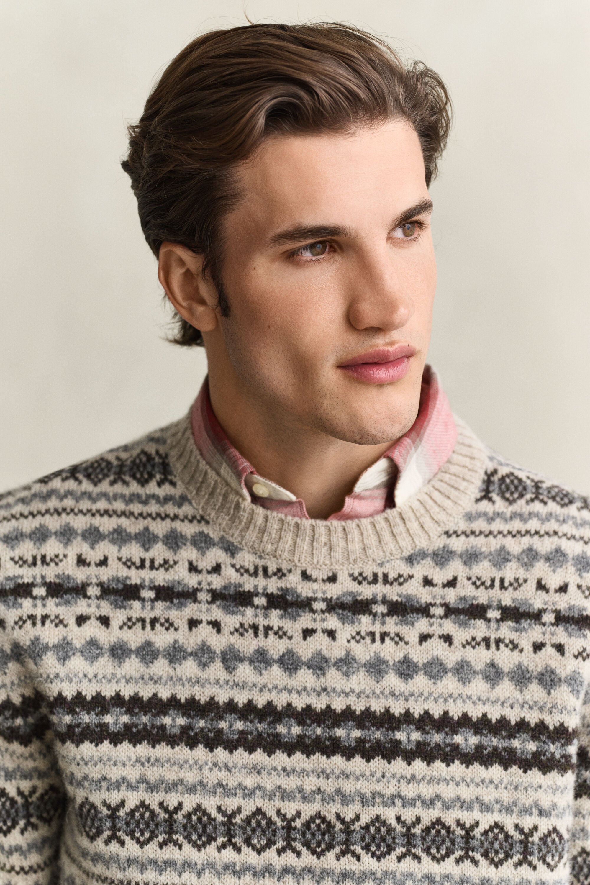 Camisola de malha em lã escovada com padrão Jacquard