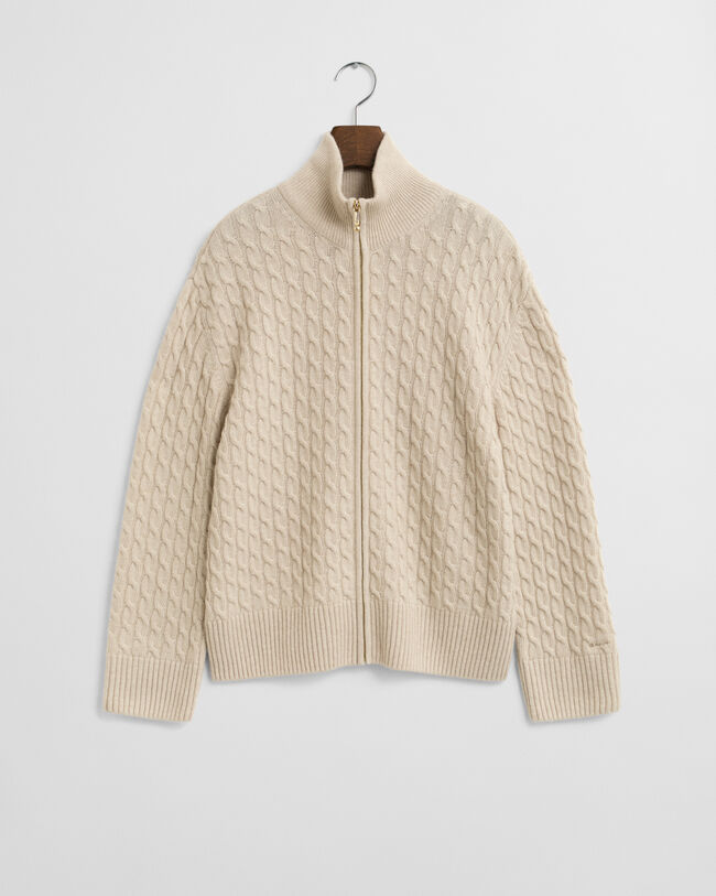 Casaco de malha entrançada com fecho de correr