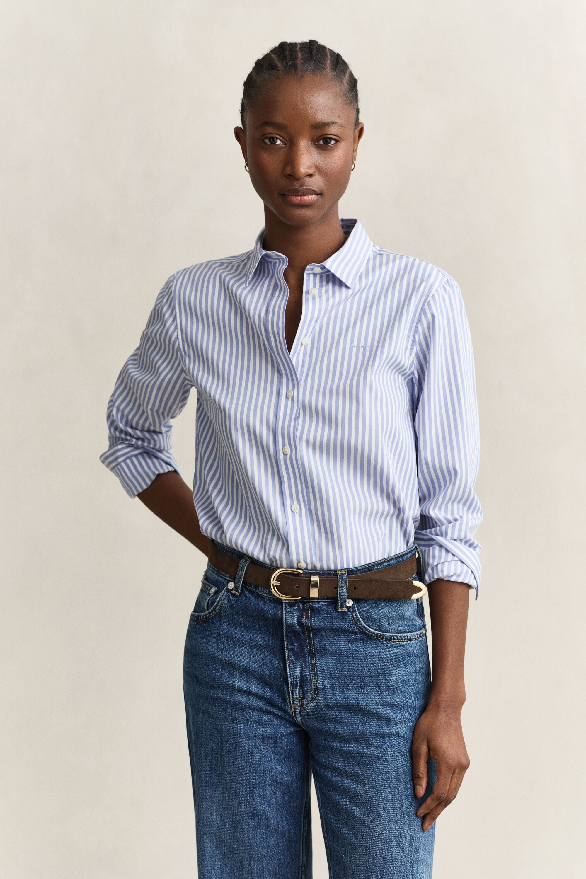 Camisa em popelina às riscas clássica regular fit