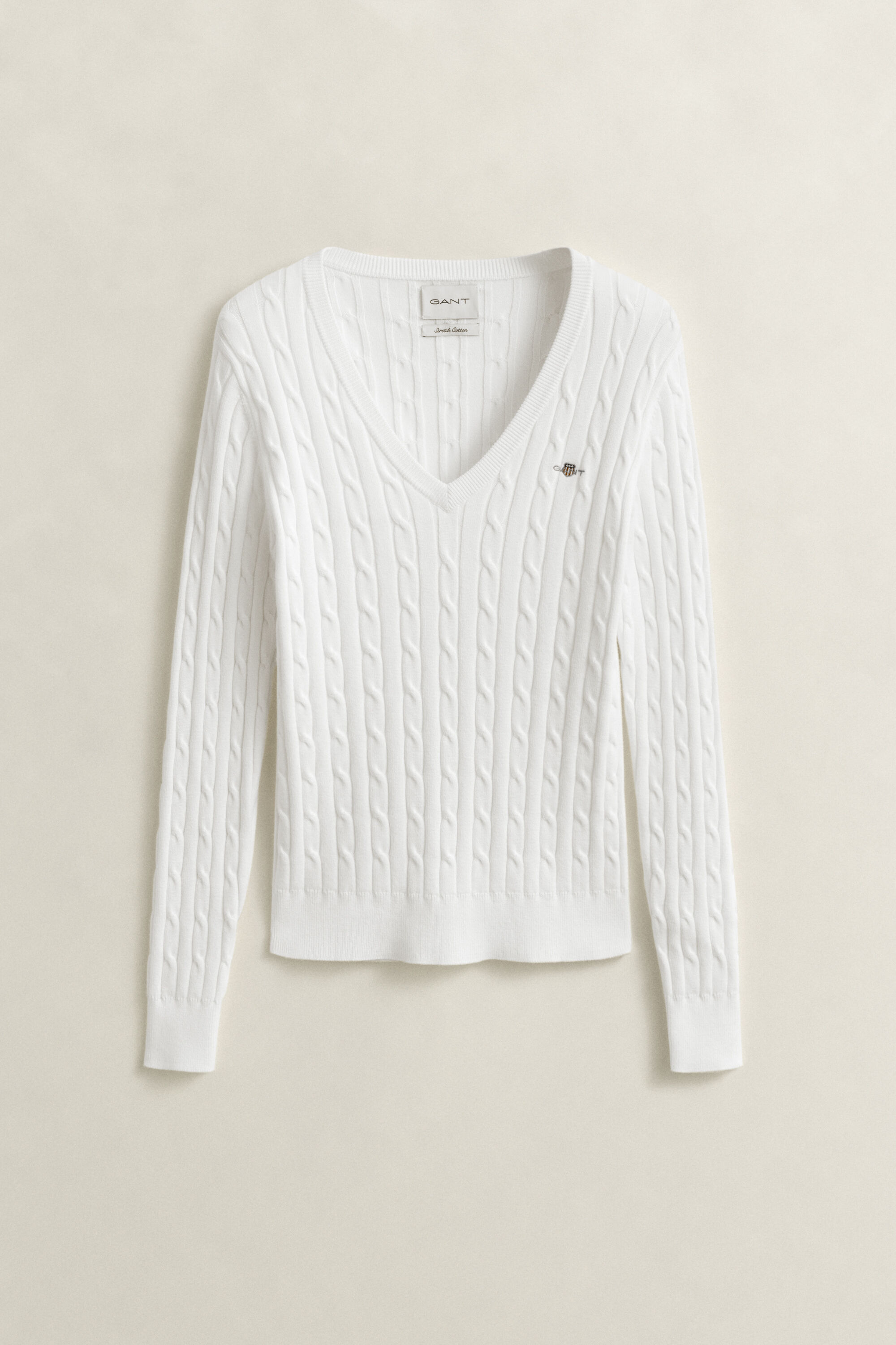 Camisola de malha entrançada com decote em V em algodão com elastano