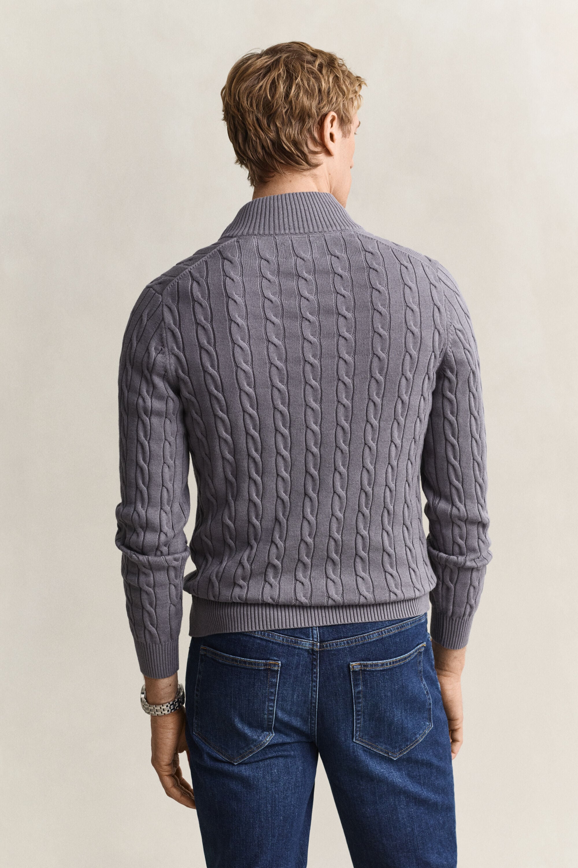 Camisola de malha entrançada de algodão com meio fecho de correr