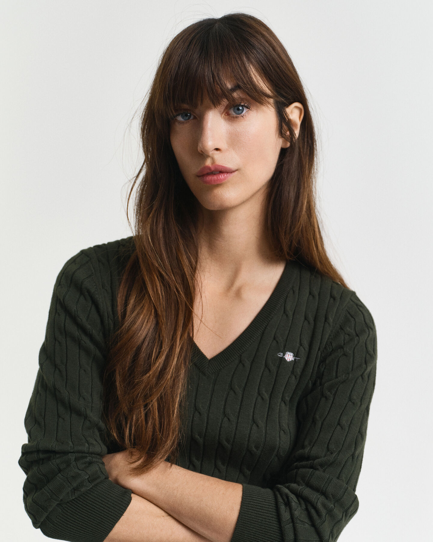 Camisola de malha entrançada com decote em V em algodão com elastano