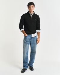 Camisola de malha entrançada de algodão com meio fecho de correr