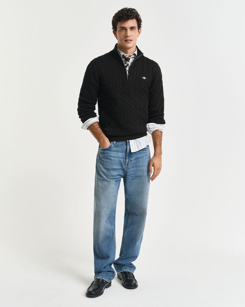 Camisola de malha entrançada de algodão com meio fecho de correr